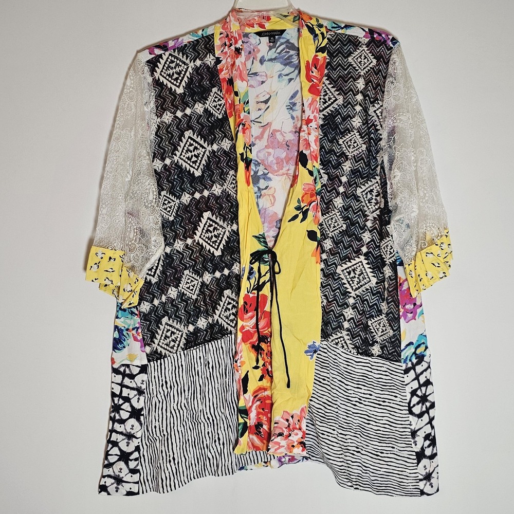 John Mark Kimono Womens XL Multicolor Boho Floral Lace Patchwork Sheer Jacket